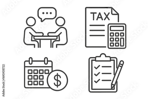 Business and tax consultation outline icons. Financial advisor meeting, accounting service, tax calculation, audit report. Thin line vector pictograms set for web and apps.