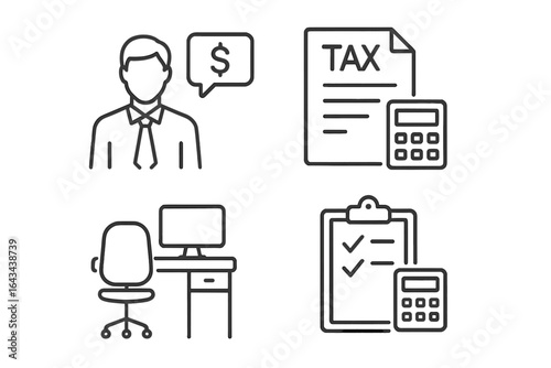Business and tax consultation outline icons set. Financial advisor, accounting, and office workspace symbols. Linear vector graphics for finance, audit and planning.