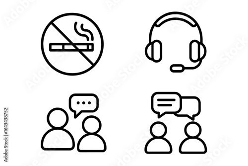 Carpool etiquette & ride sharing rules icon set. Vector outline symbols for no smoking, quiet zone with headphones, and passenger conversation guidelines. Infographic element.
