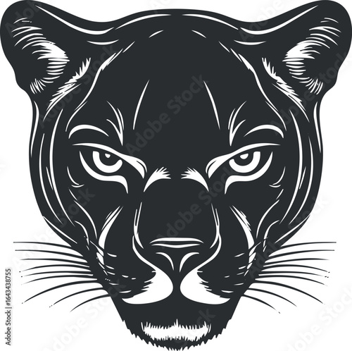 Black and white vector illustration of a panther face with intense eyes and detailed whiskers