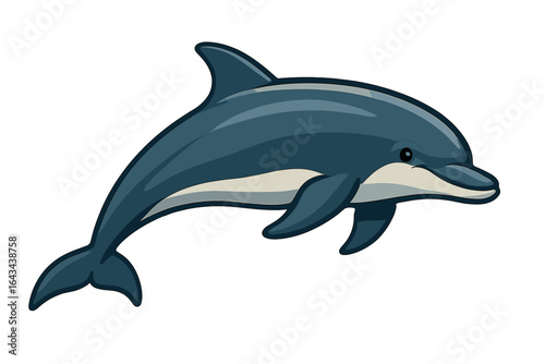 Dolphin vector illustration. Marine life symbol of a swimming sea animal. Aquatic wildlife mammal icon for nature, ocean, or zoo concepts. Isolated cartoon character design.