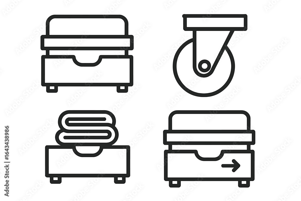 Under-Bed Drawer Icons Set, Outline Style, Sliding Pull-Out Drawers with Casters, Folded Clothes Storage, Vector Illustration on Transparent Background Under-Bed Drawer Icons Set, Outline Style, Sliding Pull-Out Drawers with Casters, Folded Clothes Storage, Vector Illustration on Transparent Background
