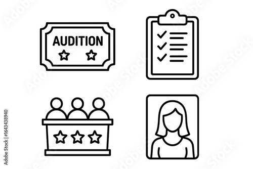 Casting call essentials icon set: audition ticket, clipboard with checklist, judge table, model headshot. Outline vector illustration for entertainment industry.