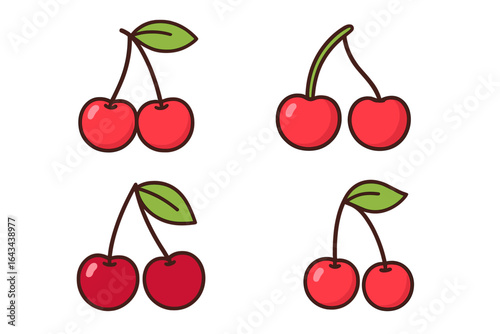 Set of cute cherry vector icons. Simple flat cartoon illustration of red cherries with green leaves. Healthy fresh summer fruit symbol collection isolated on white background.