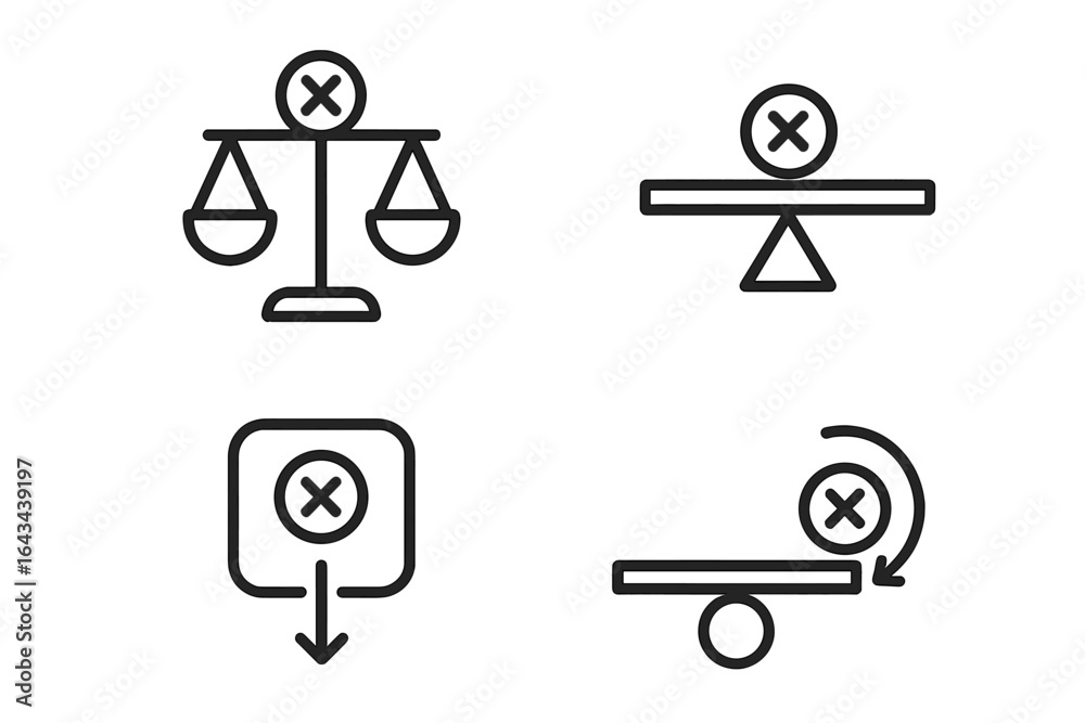 Center of gravity icons set. Physics and mechanics concepts. Outline vector illustration of balance scale, fulcrum, stability, weight, mass, and torque. Minimal linear design. Center of gravity icons set. Physics and mechanics concepts. Outline vector illustration of balance scale, fulcrum, stability, weight, mass, and torque. Minimal linear design.