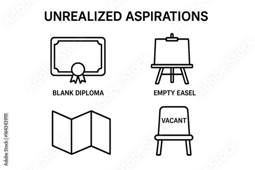 Unrealized Aspirations Icons Set, Outline Vector with Blank Diploma, Empty Easel, Unfolded Map, Vacant Chair, Concept of Unfulfilled Dreams and Goals, Transparent Background