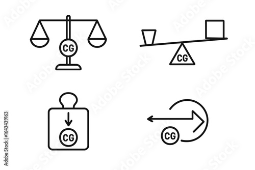 Center of gravity icon set. Physics concepts of balance, mass, and stability. Outline vector icons of a scale, fulcrum, weight, and torque for science education.