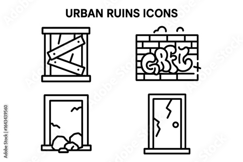 Urban ruins icon set with abandoned buildings, boarded-up windows, graffiti walls, broken doors, and decayed urban structures in outline vector style for construction and decay concepts