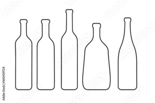 Set of wine bottle outlines. Collection of various alcohol beverage container shapes. Minimalist line art icons for bar menu, winery, or restaurant design. Vector.