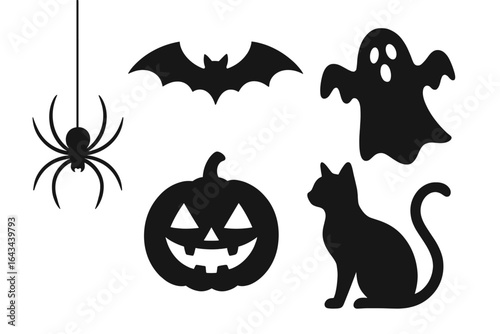 Halloween element vector set with spider, bat, ghost, jack o' lantern pumpkin, and cat silhouette. Spooky icons for party decoration. Isolated illustration collection.