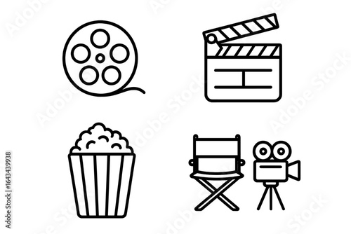 Cinema and film production icon set. Movie festival symbols. Outline vector illustration of film reel, clapperboard, popcorn, director chair and camera for web and apps.