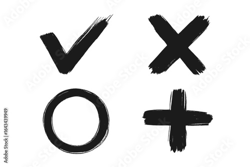 Hand drawn check mark, cross, circle, plus icon set. Grunge brush stroke style symbols. Black ink vector illustration. Tick, X, O for yes, no, right, wrong choice.