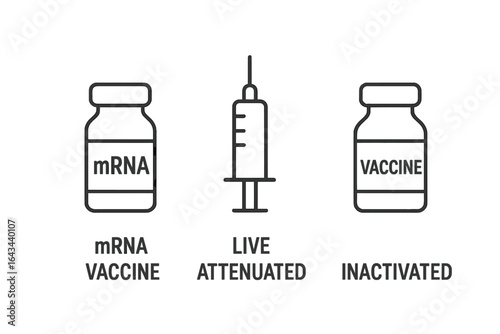 Vaccine Icons Grid, Outline Set of mRNA Vaccine Vial, Live Attenuated Syringe, Inactivated Vaccine Bottle, Medical Immunization Vector Illustration