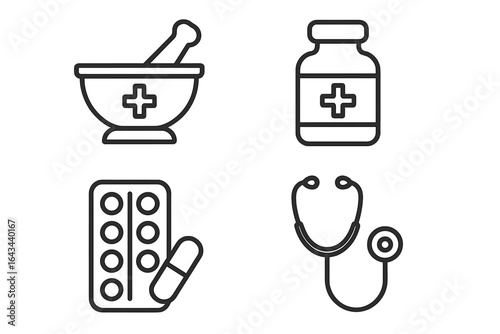 Pharmacy and Medicine Line Icons Set of 4, Outline Healthcare and Medical Symbols, Vector Illustration of Mortar Pestle, Medicine Bottle, Pills and Stethoscope on Transparent Background