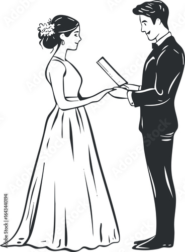 Black and white illustration of a bride and groom exchanging wedding vows during a romantic ceremony.