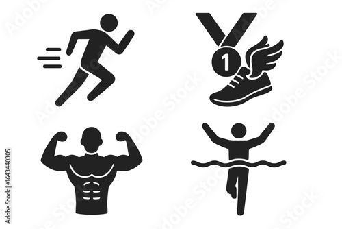 Fitness and achievement vector icon set. Marathon runner, bodybuilding, and winner crossing finish line. First place medal with winged shoe. Sport competition success.
