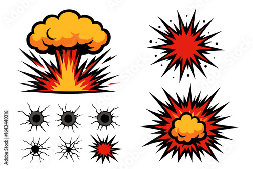 Comic book explosion and burst vector set. Pop art style nuclear blast, dynamic impact effects, bullet holes, and cracks. Powerful bomb and starburst graphic elements.