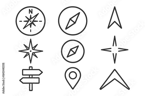 Compass navigation direction line icon set. Vector symbols for travel, map, and location. Arrow, pin, signpost, and guide elements. GPS orientation outline icons.