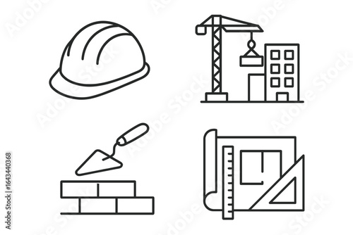 Construction and building linear icons set. Architecture and engineering tools. Hard hat, tower crane, bricklaying trowel, and architectural blueprint symbols.
