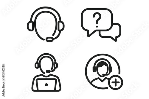 Customer service linear icons set. Flat, solid help desk and support symbols. Vector illustration for contact center, operator, online assistance, hotline, and faq concepts.