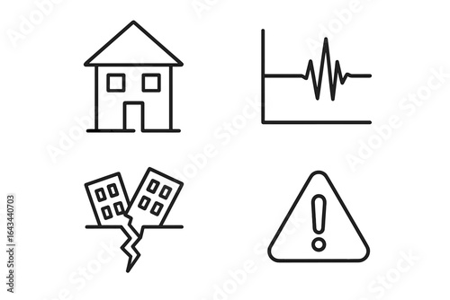 Earthquake and natural disaster vector icon set. Linear symbols for seismic activity, building collapse, property damage, emergency alert, and warning sign. Outline illustration.