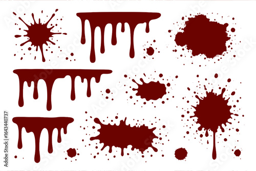 Blood splatter vector set. Red drops and drips illustration. Horror, crime, and Halloween theme design elements. Grunge paint splat and stain collection isolated on white.