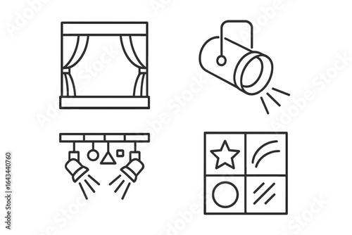 Theater lighting line icons set, including stage spotlight, event lighting design symbols, performance illumination, concert and show vector illustrations on transparent background