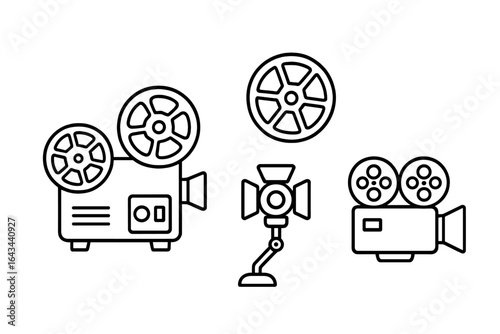 Vintage film equipment icons set, outline style vector illustration of classic film projection technology including reel-to-reel projector, film reel, and vintage lamp with transparent background