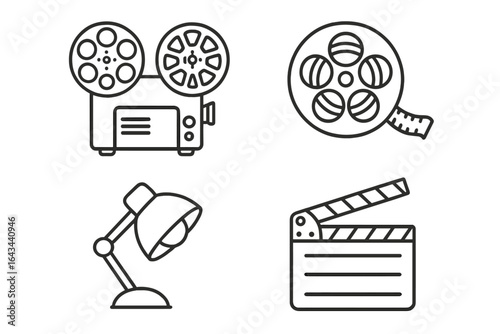 Vintage film equipment icons set with outline style, including classic reel-to-reel projector, antique film reel, studio lamp, and retro cinema technology vector illustration on transparent background