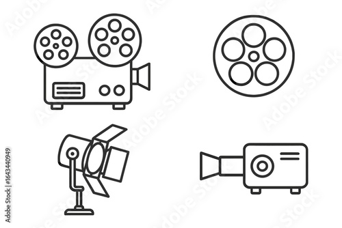 Vintage Film Equipment Icons, Outline Vector Set of Retro Film Projection Gear, Reel-to-Reel Projector, Classic Film Reels, Studio Lighting Lamp, Cinematic Technology Illustration