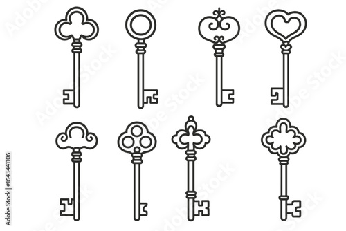 Collection of antique key line illustrations. Vector icons of vintage skeleton keys. Decorative and simple design elements for logos, games, or escape room concepts.