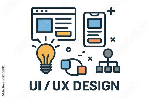 UI UX design line icons for mobile app and website development. User interface, user experience, creative idea, sitemap, and flowchart symbols for wireframing process.