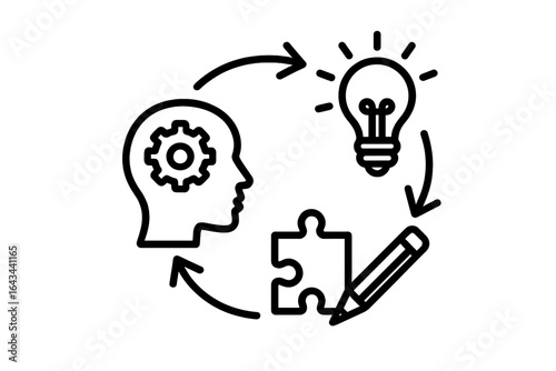 Creative process icon. Design thinking, innovation, and problem-solving concept. Brainstorming, idea generation, solution, and implementation cycle. From mind to creation.