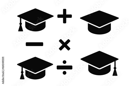 Math education icon set. Black academic hat silhouettes and mathematical signs. Concept for school, graduation, learning, knowledge, university. Vector graphic illustration.