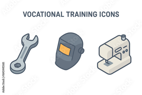 Isometric Vocational Training Icons Set Including Wrench, Welding Mask, Sewing Machine and Technical Skills Tools, Flat Vector Illustration for Education, Workshop, and Craftsmanship