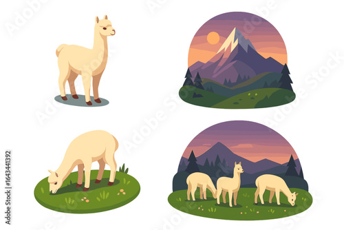 Isometric alpaca icon set. Cute cartoon llama characters grazing in mountain meadow at sunset. Farm animal vector illustration. Nature landscape with peak and trees.