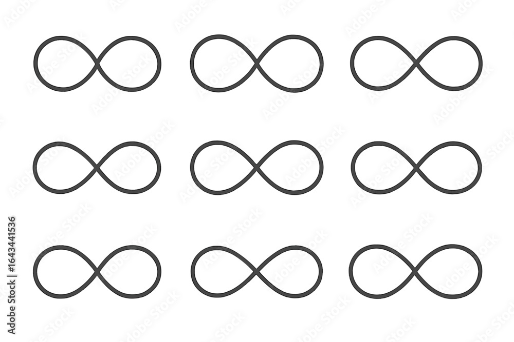 Infinity symbol vector set. Endless loop icon collection. Concept of eternity, forever and limitless. Black outline graphic illustration isolated on white background. Infinity symbol vector set. Endless loop icon collection. Concept of eternity, forever and limitless. Black outline graphic illustration isolated on white background.