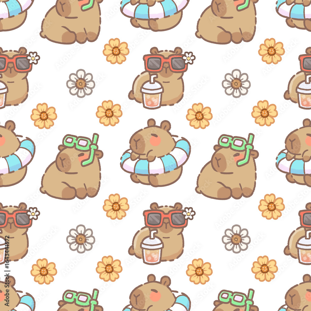 Obraz premium Cute Summer Capybara Seamless Pattern – Transparent PNG Background with Floaties, Boba, Sunglasses, Goggles, and Flowers