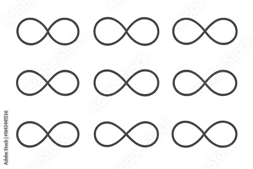 Infinity symbol vector set. Endless loop icon collection. Concept of eternity, forever and limitless. Black outline graphic illustration isolated on white background.