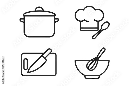 Kitchen essentials outline icons set. Cooking and culinary symbols for food preparation. Vector elements for restaurant menu, recipe, or gastronomy blog design. Chef hat, pot, knife, whisk.