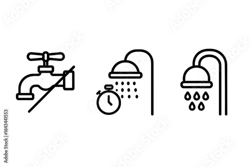 Water Conservation Icons Vector Set, Outline Faucet Turned Off, Shower Timer, Low Flow Showerhead Symbols for Water Saving Awareness, Eco Friendly, Transparent Background