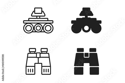 Military and tactical icons set. Army unmanned ground vehicle, robot, drone and binoculars for night vision. Reconnaissance and surveillance vector symbols collection.