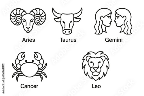 Zodiac Icon Set, Outline Astrology and Horoscope Symbols, Aries Ram, Taurus Bull, Gemini Twins, Cancer Crab, Leo Lion Vector Illustration on Transparent Background