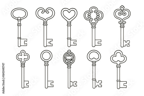Set of vintage keys vector icons. Antique skeleton key line illustrations. Simple classic decorative design elements for logo, escape room, or security concept. Retro.