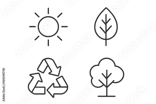 Ecology and sustainability line icons. Sun, leaf, tree, and recycling symbols. Minimalist vector graphic for green concepts. Simple environmental pictogram collection.