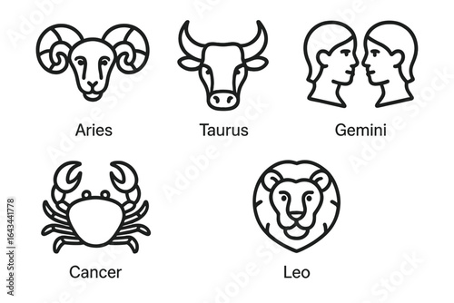 Zodiac outline icon set with astrology symbols Aries ram, Taurus bull, Gemini twins, Cancer crab, Leo lion, astrology energy signs, vector illustration on transparent background