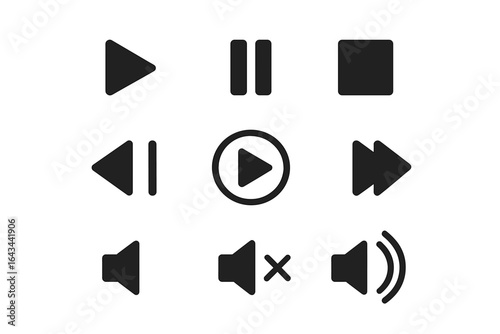 Media player icon set. Audio and video control buttons. Play, pause, stop, next, previous, rewind, forward, volume up, down, mute. Vector glyph for UI UX interface design.