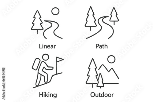 Nature pathway linear icons set. Path, hiking, outdoor adventure symbols. Editable stroke pictogram collection for trekking, camping, climbing. Forest, mountain scenery vector.