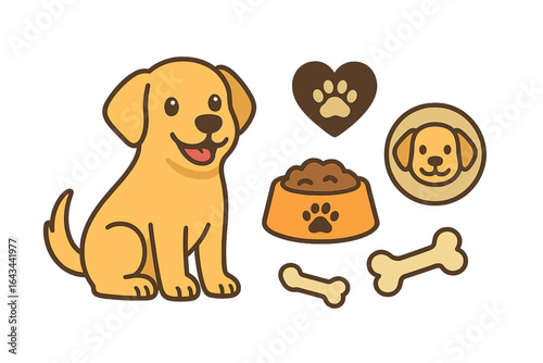 Cute puppy dog vector set. Cartoon Labrador character with food bowl, bone, paw print heart icon. Illustrations for pet care, veterinary, animal shop or dog lover design.