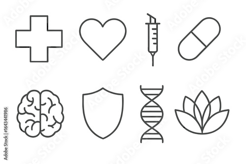 Medical icon outline set. Healthcare and science symbols collection. Vector pack includes cross, heart, syringe, pill, brain, shield, DNA and lotus flower for wellness.